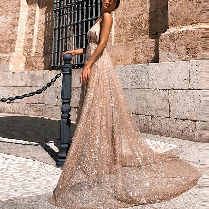 2025 Fashion Evening Dress Sexy Backless Formal Wedding Evening Party Gowns Dresses Women Deep V Spaghetti Strap Mesh Long Dress
