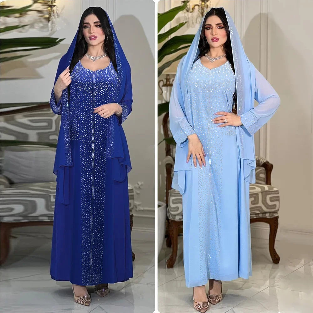 Eid Party Dresses for Women Diamonds Jalabiya Muslim Abaya Dubai Turkey Kaftan Islamic Clothing Ramadan Morocco Abayas Dress New