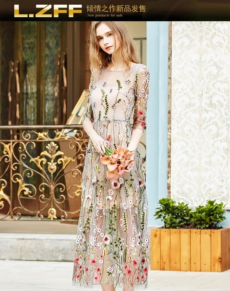 Elegant Party Dress Women Fashion Bohemian Summer Dresses Seaside Resort Beach Long Skirt Retro Chinese Style Embroidered Dress