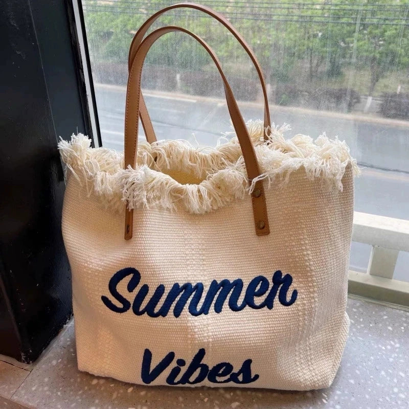 Handbag Woman Bag Summer Simple Niche Travel Beach Tote Bag Tassel Letter Embroidery Fashion Large Capacity Shoulder Bags 2025