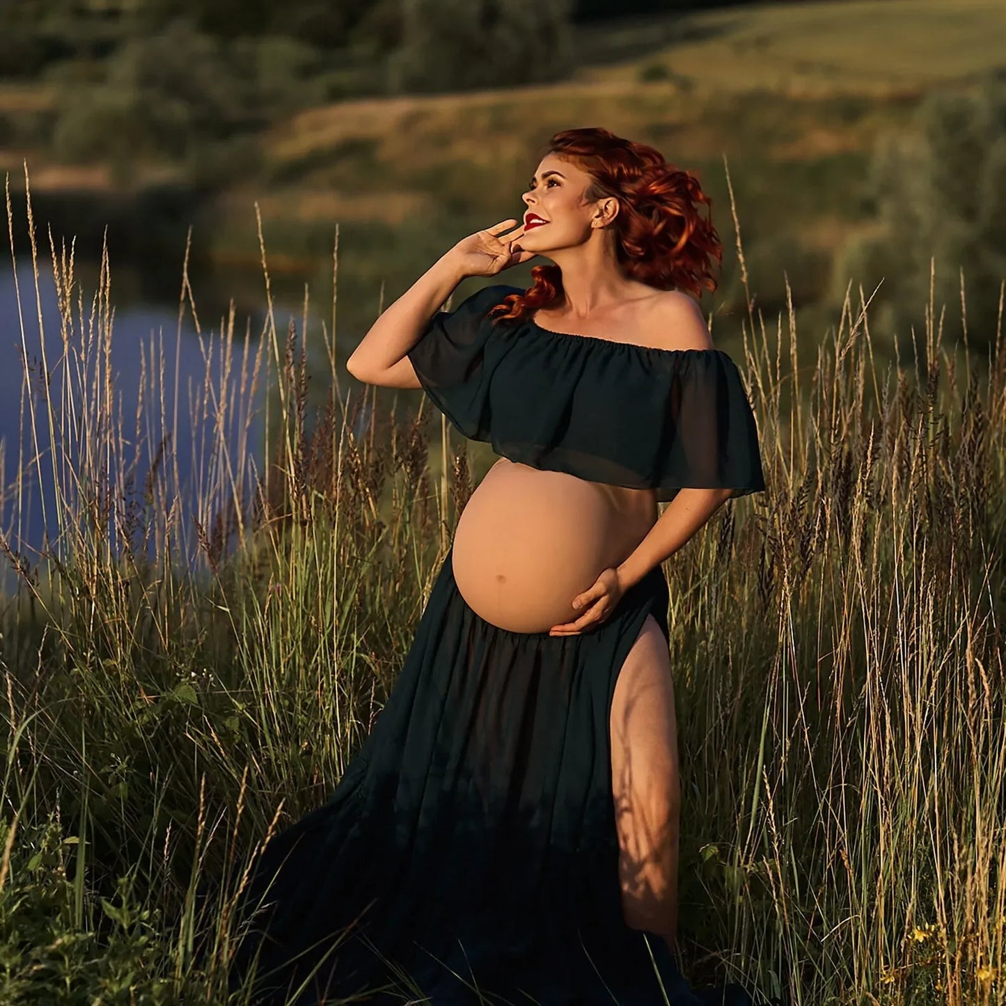 Maternity Dress For Photoshoot Pregnancy Off Shoulder Ruffled Semi Transparent Chiffon Long Dress Photography Dress For Women