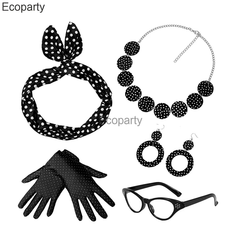 Women 1950's Costume Accessories Vintege Polka Dot Headband Necklace Chiffon Scarf Eyeglasses Earrings Set Girls Party Outfits