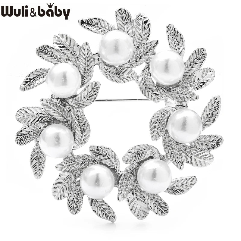 Wuli&baby Pearl Wreath Brooches For Women Unisex 2-color Circle Flowers Party Office Brooch Pins Gifts