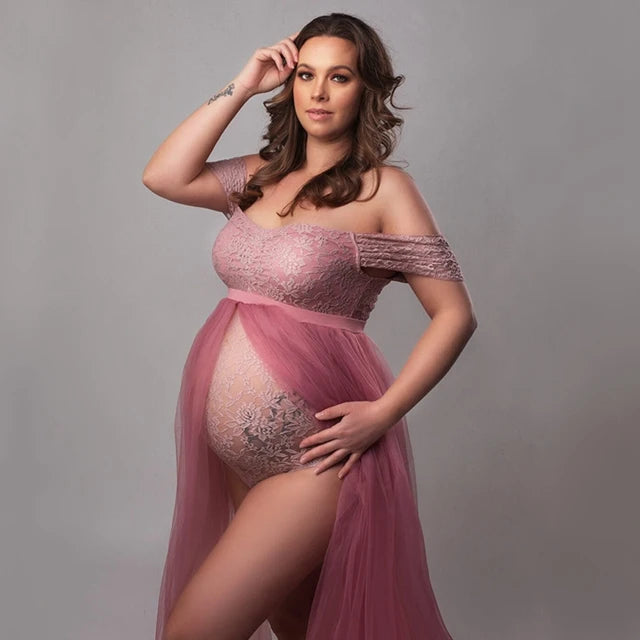 Maternity Photography Dresses Pregnancy Lace Bodysuit Tulle Long Sides Slit With Flying Dress Pregnant Woman Photo Shoot Outfit
