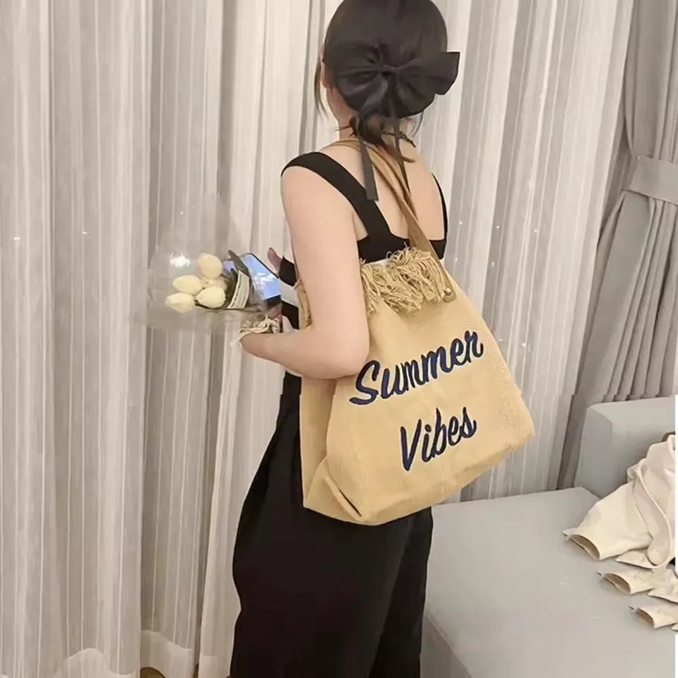 Handbag Woman Bag Summer Simple Niche Travel Beach Tote Bag Tassel Letter Embroidery Fashion Large Capacity Shoulder Bags 2025