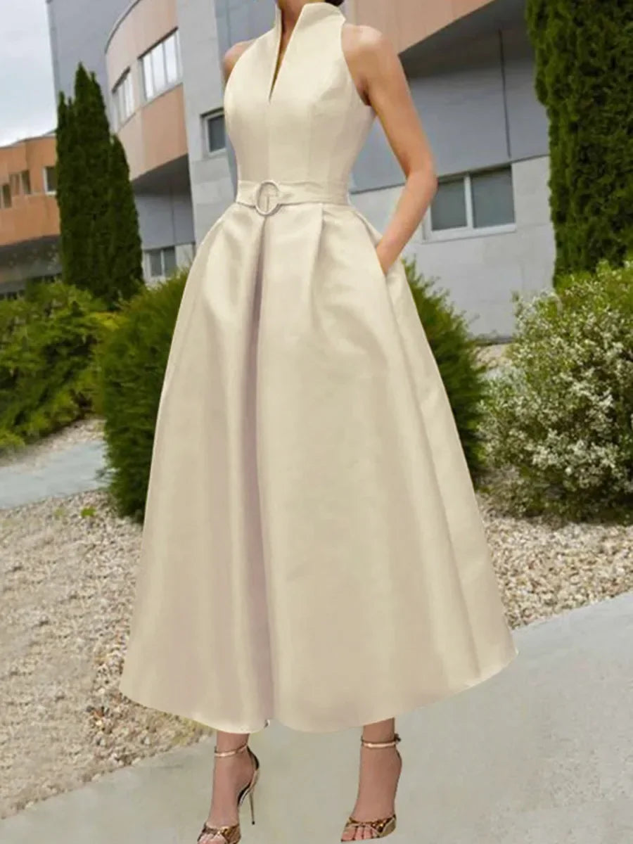 Women's Party Evening Elegant Dress Belted A-line 2025 New Summer Autumn Sleeveless V-neck Urban Office Commute Midi Dresses