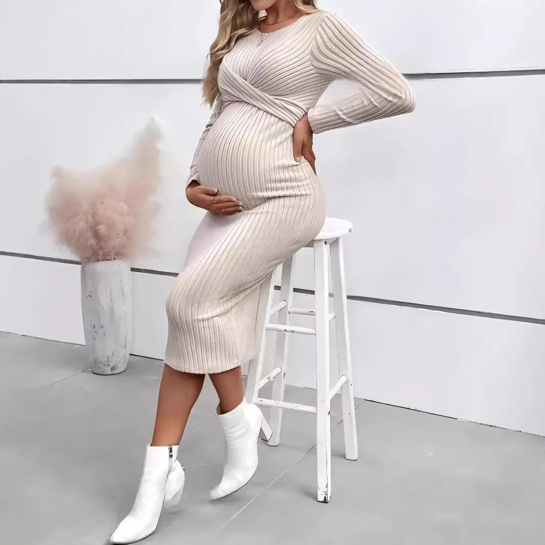 Maternity Dress Fashion Pregnancy Clothes Long Sleeve Temperament Slim Solid Color Knit Maternities Dresses One-piece Skirt