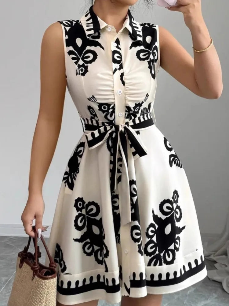 Summer New Fashion Casual Dress For Women Elegant Solid Sleeveless Turn-down Collar Lace Up Office Holiday Dresses Robe Femme