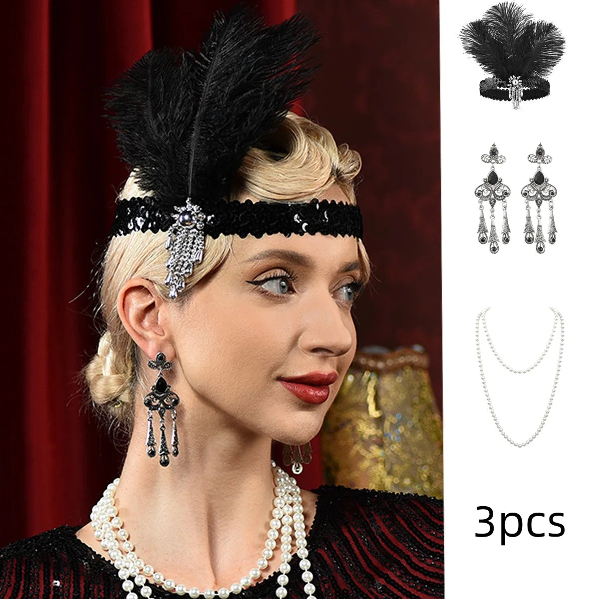 1920s Women's Gatsby Same Makeup Party Feather Headband Retro Ball Party Earrings Gloves Necklace Accessories