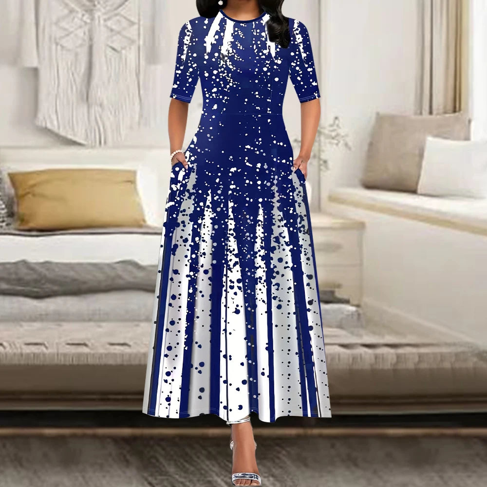 Women's Elegant Party Long Dresses Loose Round Neck Short Sleeves Retro Printed Casual Long Dress 2024