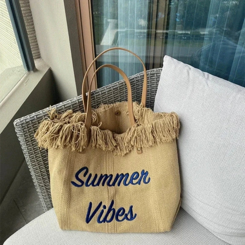 Handbag Woman Bag Summer Simple Niche Travel Beach Tote Bag Tassel Letter Embroidery Fashion Large Capacity Shoulder Bags 2025