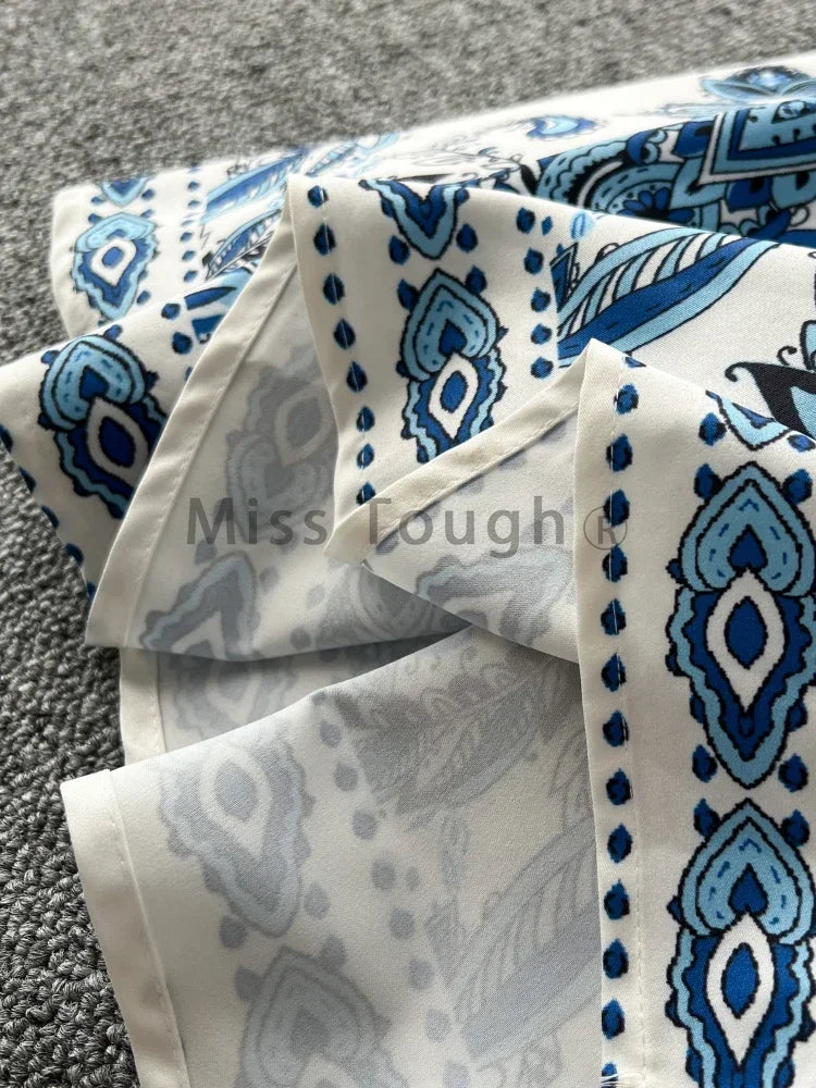 French Fashion Bohemian Vintage Dress Women Aesthetic Print Single Breasted Belted Clothes New Design Retro Long Dresses Summer