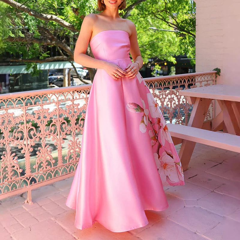 Women Fashion Floral Print Beach Long Dress Casual Sleeveless Hight Waist Party Dress Elegant Strapless Pleated Slim Bohe Dress