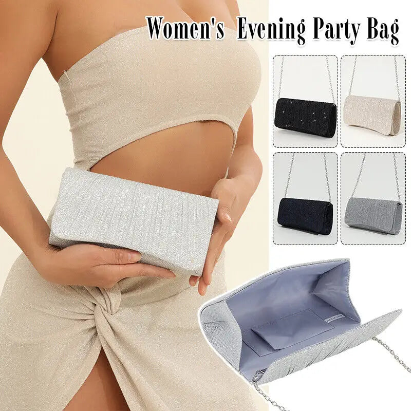 Stylish Evening Clutch Personalized Women'S Bags Party Handbag Wedding Ladies Bag Simple Shiny Pleated Shoulder Bag Long Chain