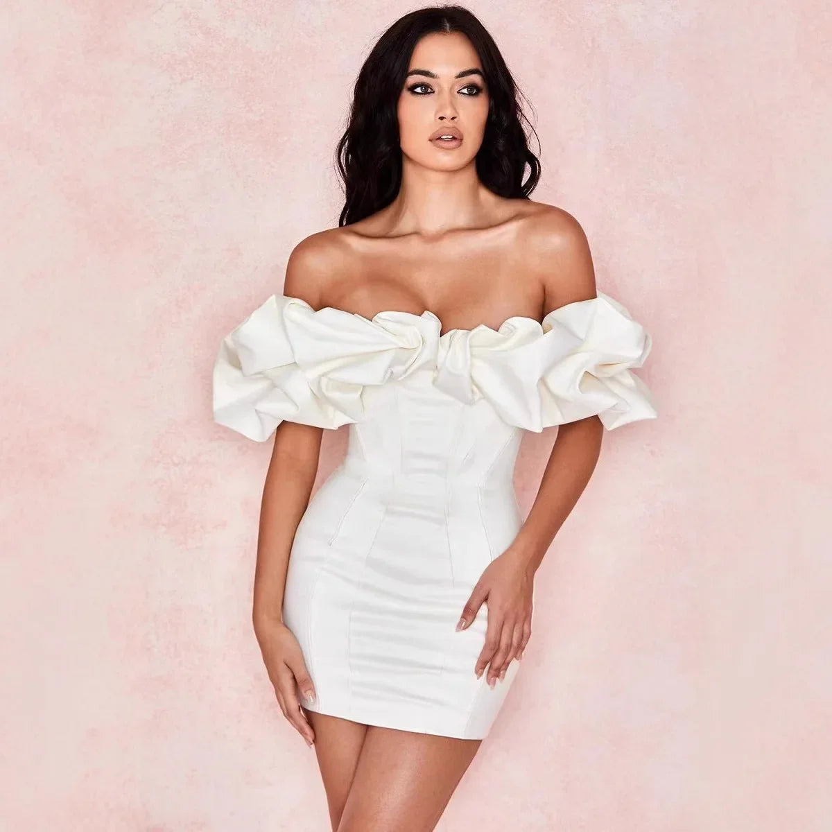 Women Party Dress Sexy Sleeveless White Ruffles Ladies Slim Strapless Empire Dinner Thin Pencil Midi Dresses