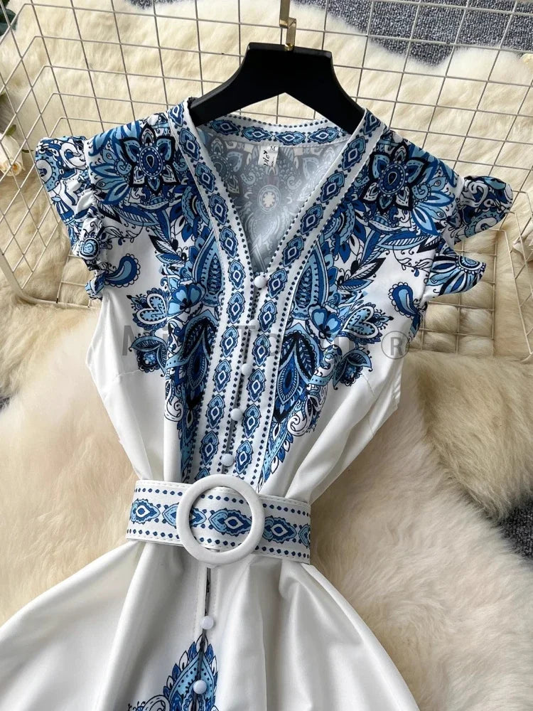 French Fashion Bohemian Vintage Dress Women Aesthetic Print Single Breasted Belted Clothes New Design Retro Long Dresses Summer