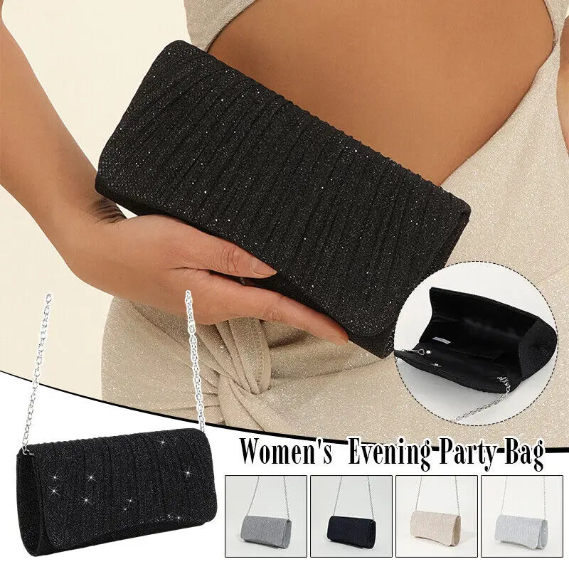 Stylish Evening Clutch Personalized Women'S Bags Party Handbag Wedding Ladies Bag Simple Shiny Pleated Shoulder Bag Long Chain