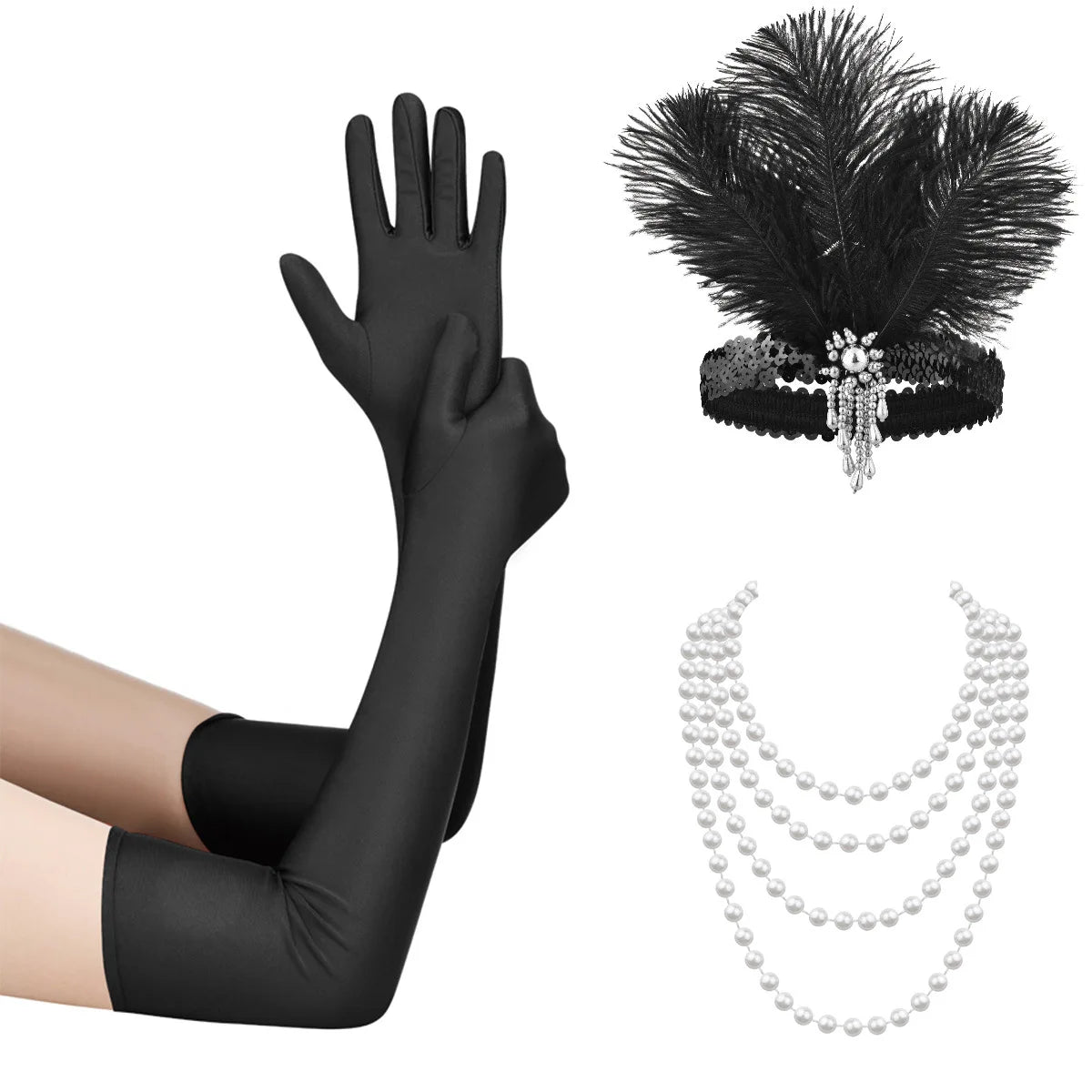 1920s Women's Gatsby Same Makeup Party Feather Headband Retro Ball Party Earrings Gloves Necklace Accessories