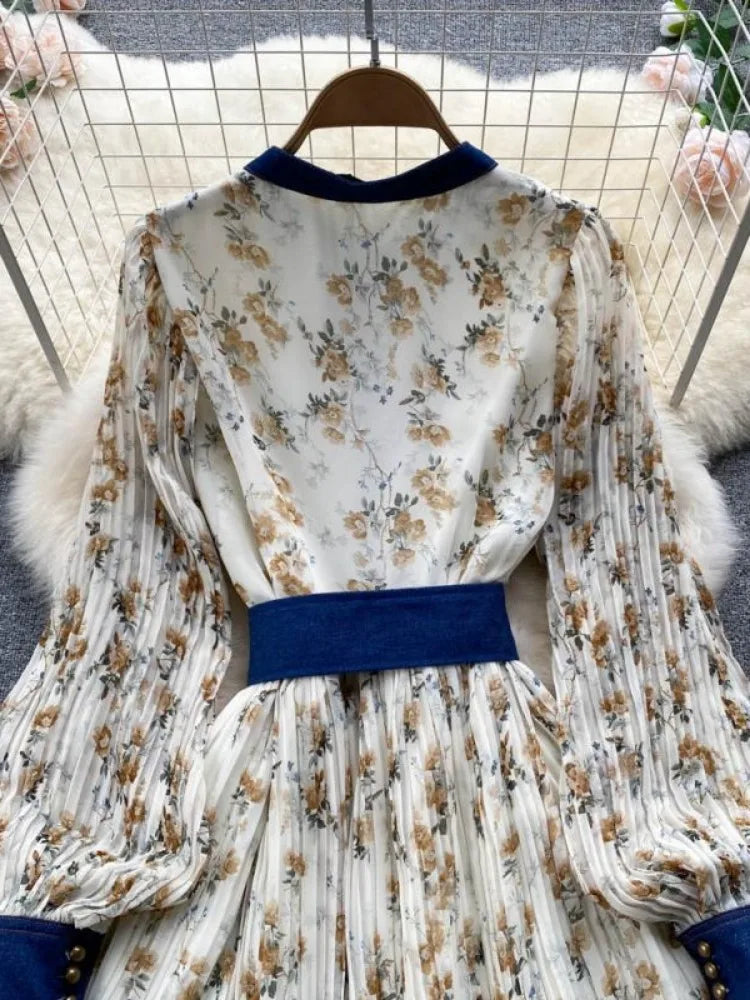 Women Temperament Maxi Dresses Vintage Printing Belt Tunic Party Dress Autumn Bohemian Pleated Fashion 2025 Vestidos De Mujer Wj