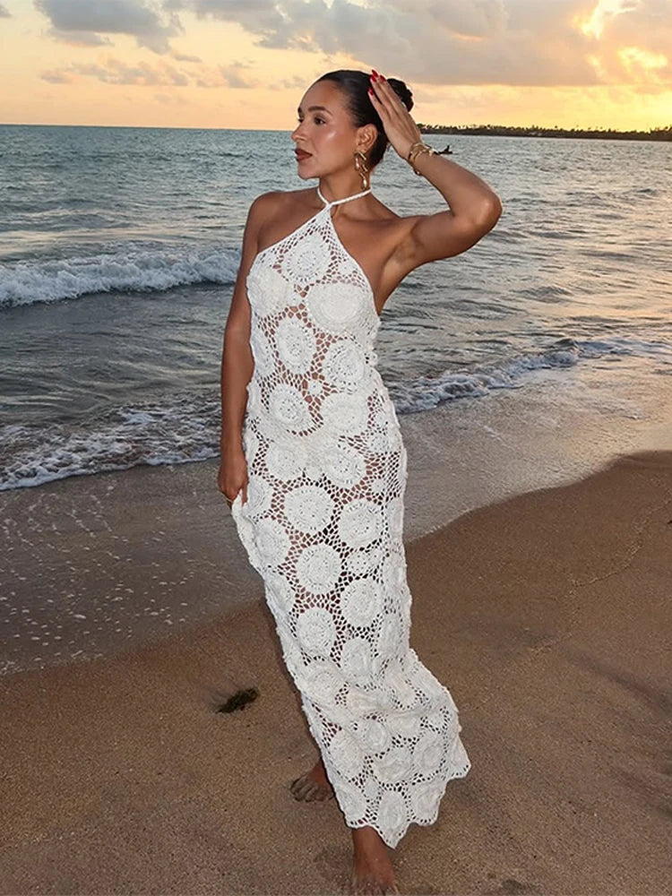 Fashion Flower Knitted Long Dress For Women Halter Sleeveless Transparent Slim Robes 2025 Summer Elegant Female Beach Dresses