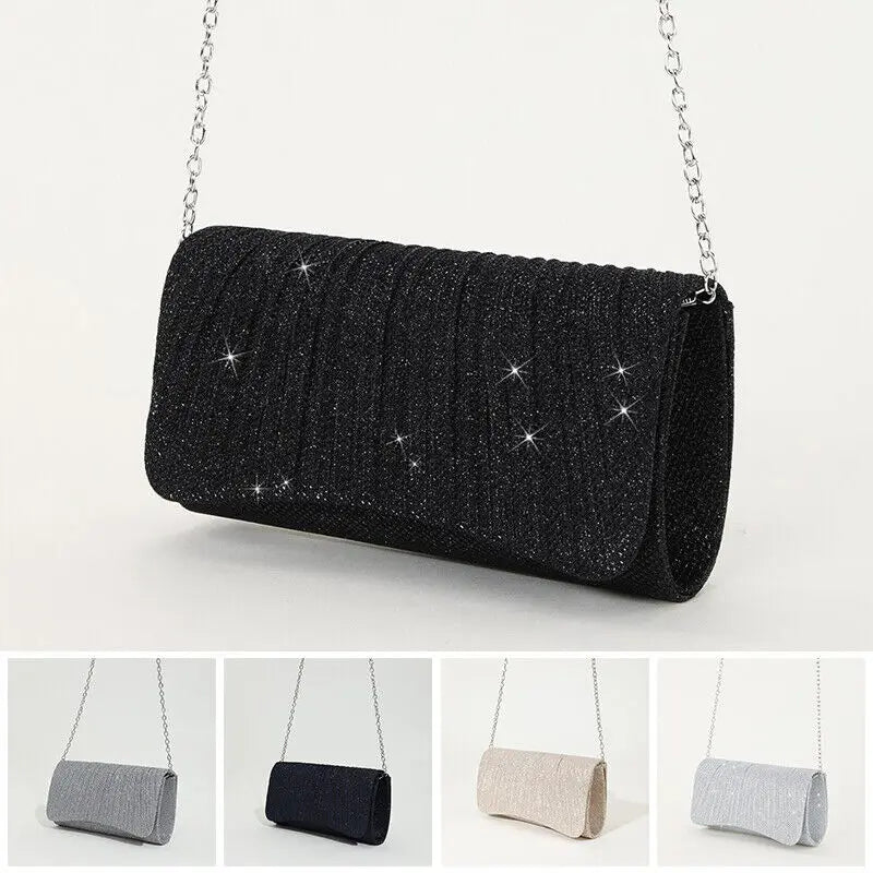 Stylish Evening Clutch Personalized Women'S Bags Party Handbag Wedding Ladies Bag Simple Shiny Pleated Shoulder Bag Long Chain