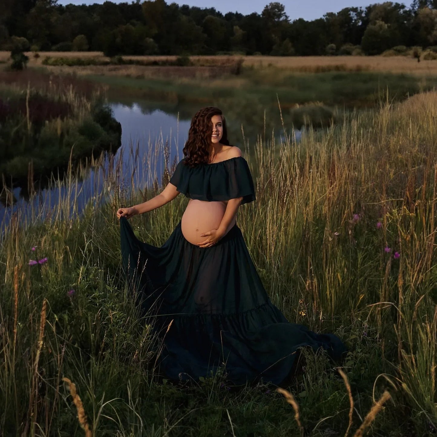 Maternity Dress For Photoshoot Pregnancy Off Shoulder Ruffled Semi Transparent Chiffon Long Dress Photography Dress For Women