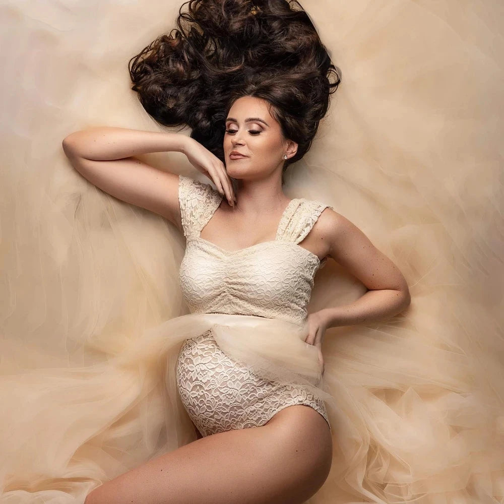 Maternity Photography Dresses Pregnancy Lace Bodysuit Tulle Long Sides Slit With Flying Dress Pregnant Woman Photo Shoot Outfit
