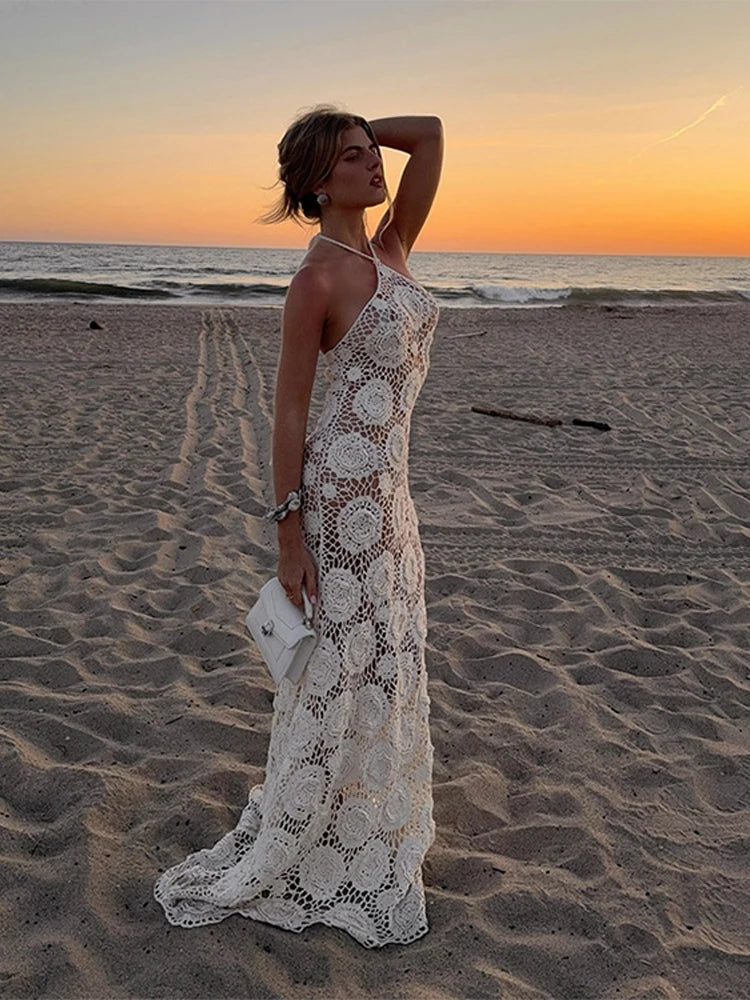Fashion Flower Knitted Long Dress For Women Halter Sleeveless Transparent Slim Robes 2025 Summer Elegant Female Beach Dresses