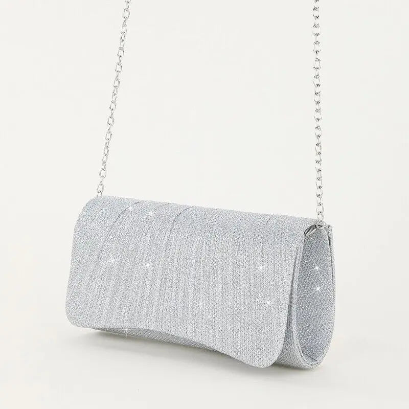 Stylish Evening Clutch Personalized Women'S Bags Party Handbag Wedding Ladies Bag Simple Shiny Pleated Shoulder Bag Long Chain