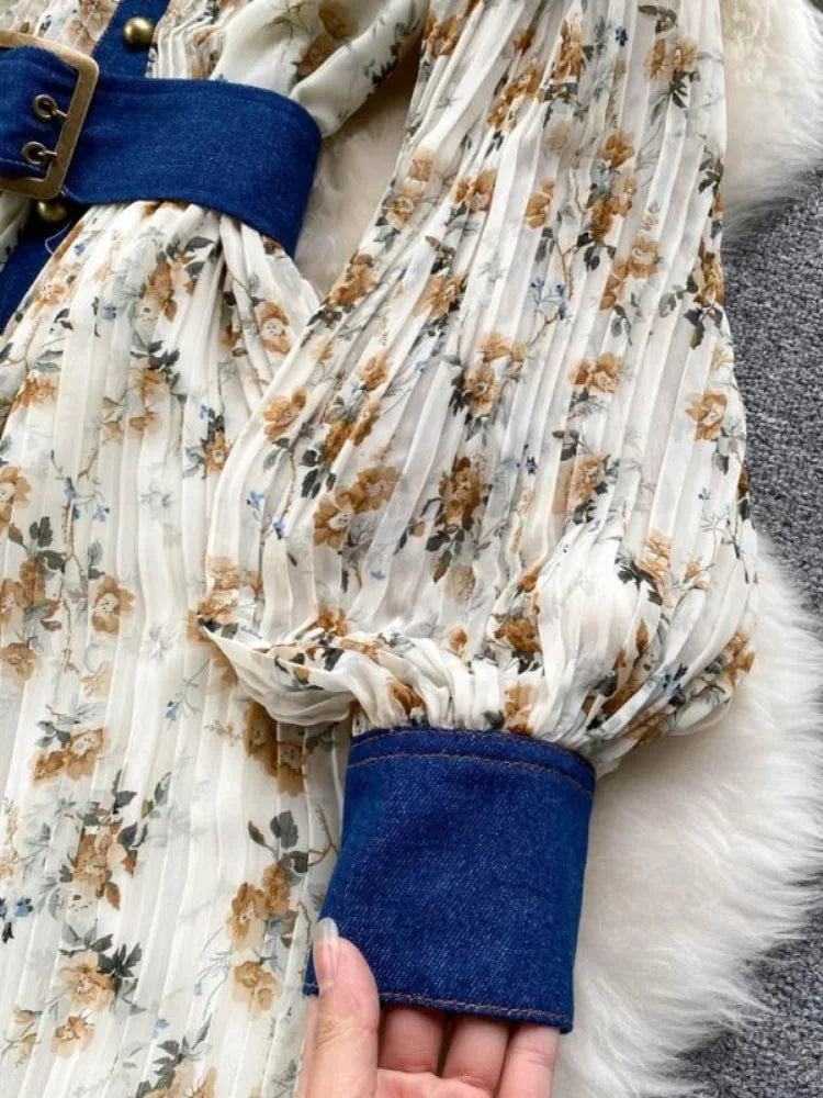 Women Temperament Maxi Dresses Vintage Printing Belt Tunic Party Dress Autumn Bohemian Pleated Fashion 2025 Vestidos De Mujer Wj