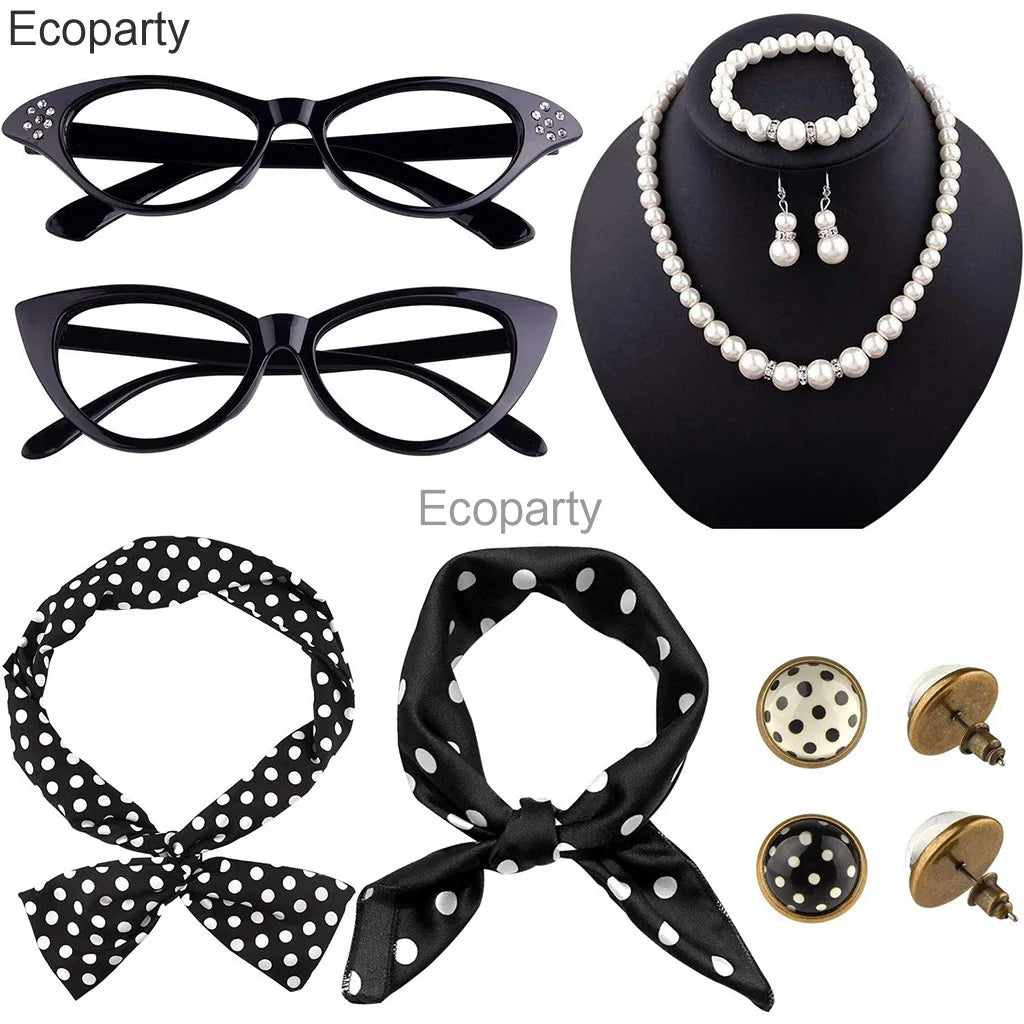 Women 1950's Costume Accessories Vintege Polka Dot Headband Necklace Chiffon Scarf Eyeglasses Earrings Set Girls Party Outfits