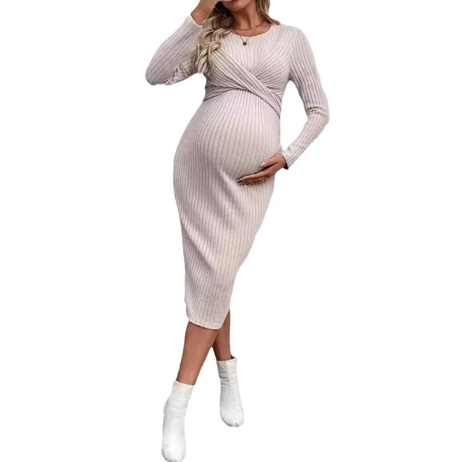 Maternity Dress Fashion Pregnancy Clothes Long Sleeve Temperament Slim Solid Color Knit Maternities Dresses One-piece Skirt