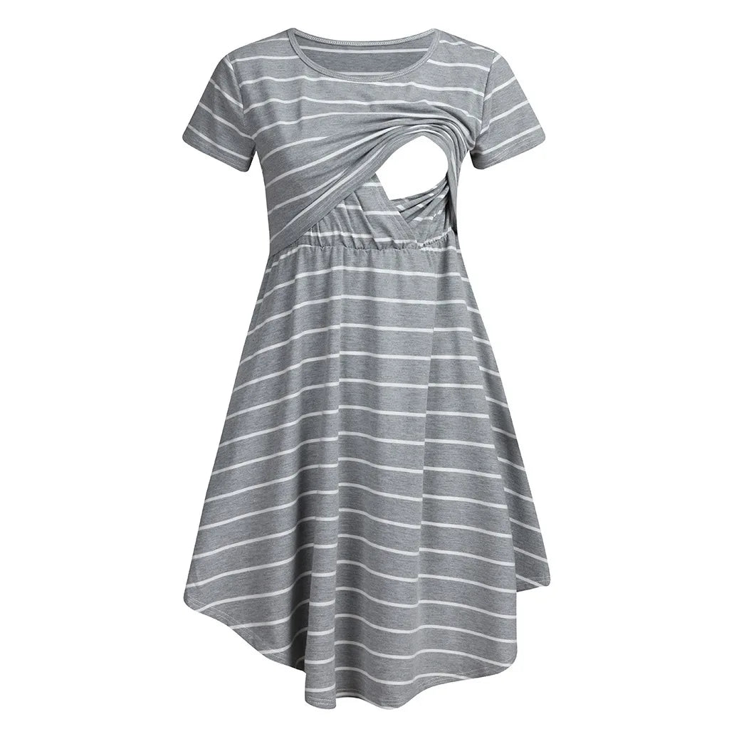 Summer Maternity Care Striped Dresses Pregnant Women Pajamas Multifuntional Mother Breastfeed Dress Premama Baby Shower Clothes