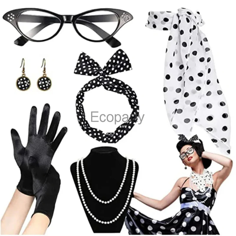 Women 1950's Costume Accessories Vintege Polka Dot Headband Necklace Chiffon Scarf Eyeglasses Earrings Set Girls Party Outfits