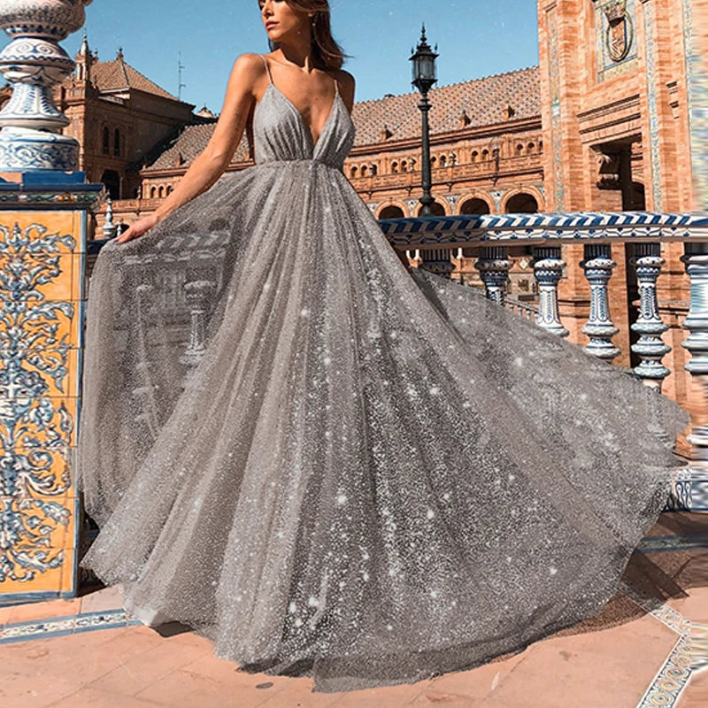 2025 Fashion Evening Dress Sexy Backless Formal Wedding Evening Party Gowns Dresses Women Deep V Spaghetti Strap Mesh Long Dress