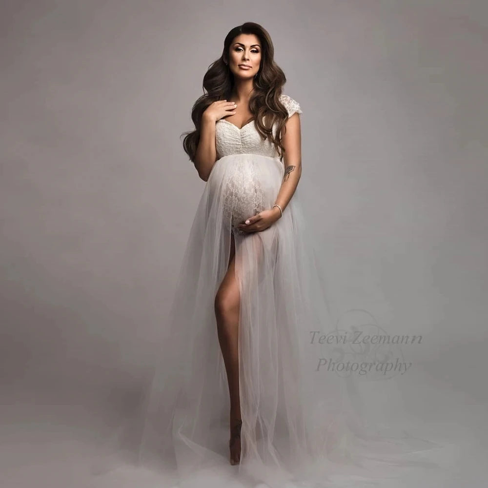 Maternity Photography Dresses Pregnancy Lace Bodysuit Tulle Long Sides Slit With Flying Dress Pregnant Woman Photo Shoot Outfit