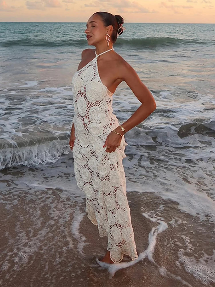 Fashion Flower Knitted Long Dress For Women Halter Sleeveless Transparent Slim Robes 2025 Summer Elegant Female Beach Dresses