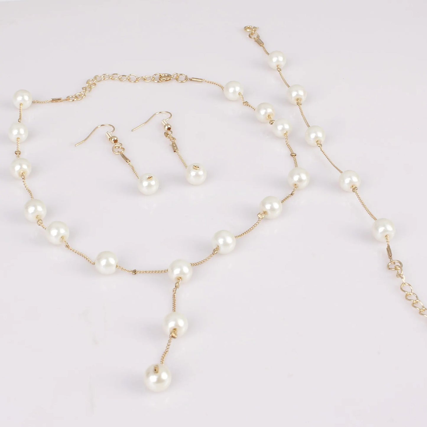 4pcs Gold-color Necklace Earring Bracelet Set Ladies Elegant Imitation-Pearls Collection Temperament Tassel Jewelry