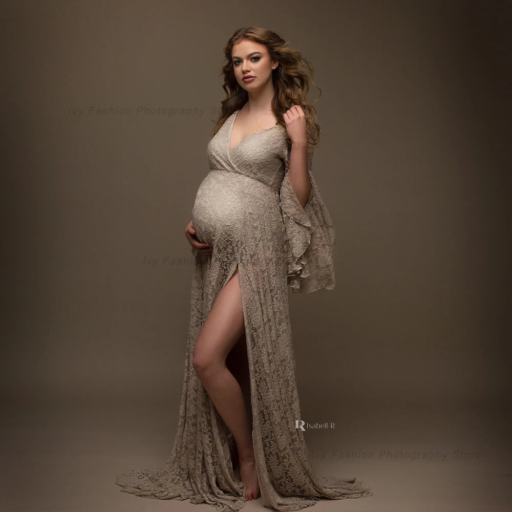 Maternity Photography Dresses Baby Shower Bohemian Photo Shooting Pregnancy Dress Flare Sleeves Red Rose Lace Long Floor Dress