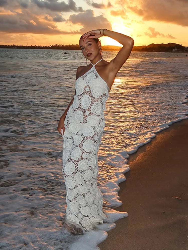 Fashion Flower Knitted Long Dress For Women Halter Sleeveless Transparent Slim Robes 2025 Summer Elegant Female Beach Dresses