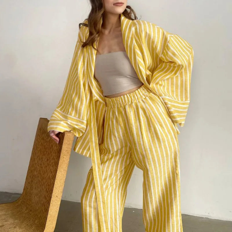 Women's Dress Sets Autumn New Striped Long-sleeved Loose Lace-up Top High-waisted Trousers Fashion Casual Suit for Women