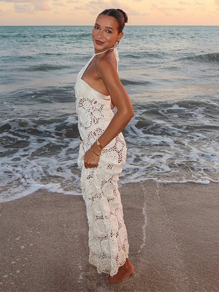 Fashion Flower Knitted Long Dress For Women Halter Sleeveless Transparent Slim Robes 2025 Summer Elegant Female Beach Dresses