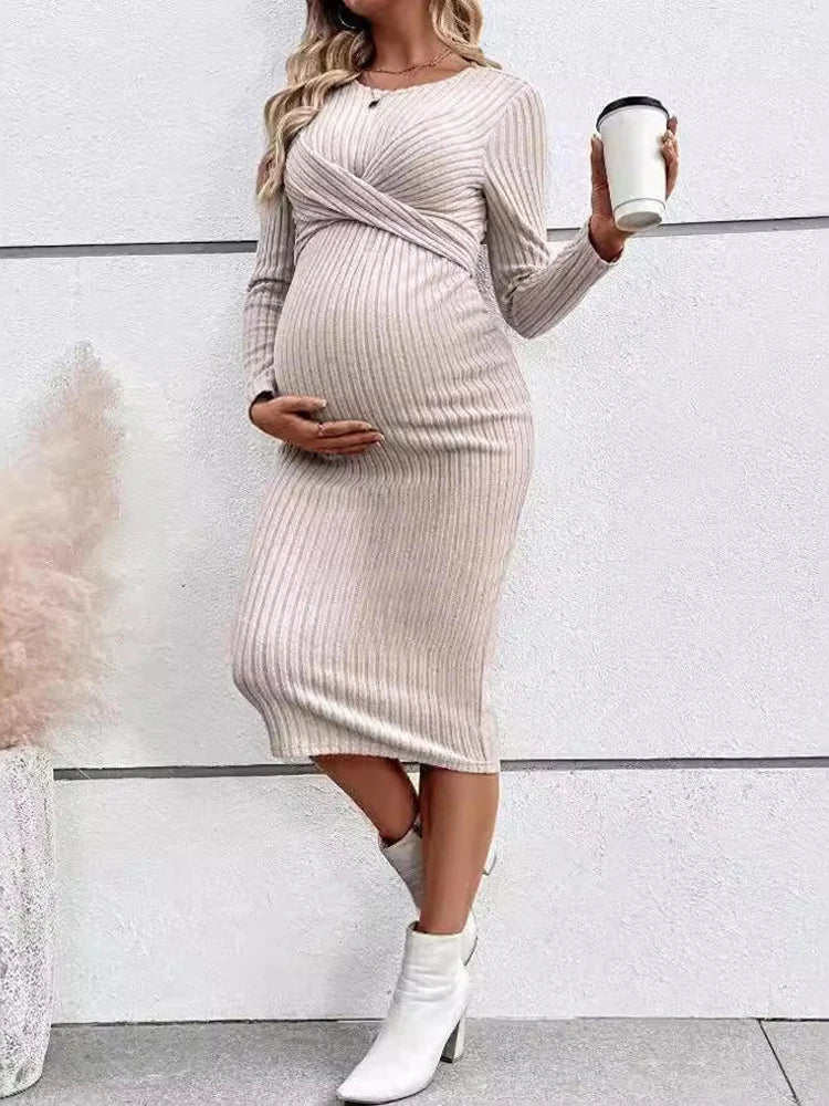 Maternity Dress Fashion Pregnancy Clothes Long Sleeve Temperament Slim Solid Color Knit Maternities Dresses One-piece Skirt