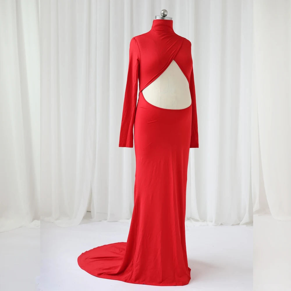 Sexy Elegant Maternity Photography Gown Expose Pregnant Belly Dress Photo Shoot Pregnant Red Floor Mopping Dress