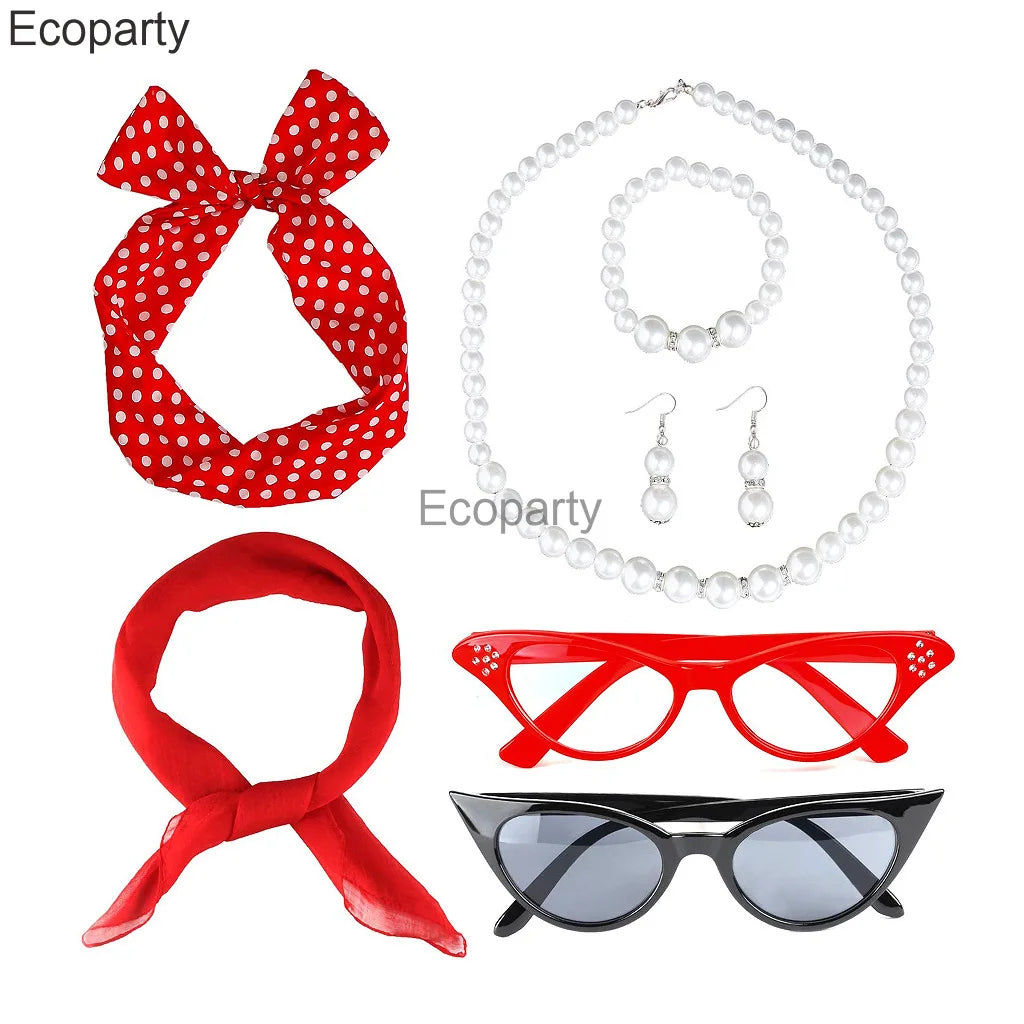 Women 1950's Costume Accessories Vintege Polka Dot Headband Necklace Chiffon Scarf Eyeglasses Earrings Set Girls Party Outfits