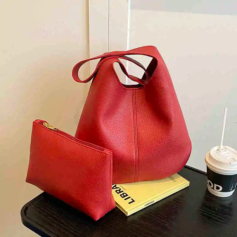 Women Large Capacity Tote Bag Summer Simple Versatile Single Shoulder Bags Casual Solid Color Soft Leather Bucket Handbags