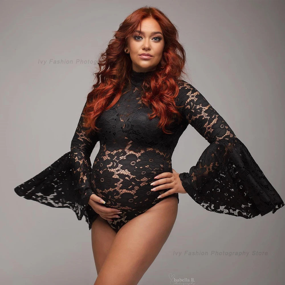 Maternity Photography Props Dress Pregnancy Size Jumpsuit Lace Body Feminino Pagoda Sleeve Slim Jumpsuit Pair With Chiffon Skirt