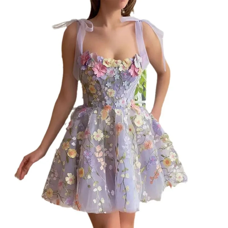 Women's Dress Fashionable 3D Flower Embroidery Wrapped Hip Sleeveless Sexy Sling Dress 2024