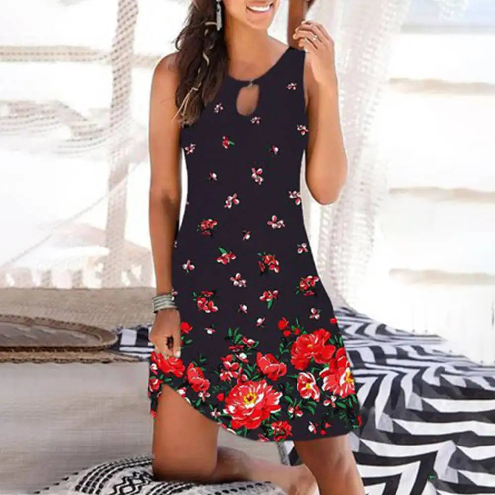 Fashion Vintage Summer Dress Women Casual Floral Print Sexy Sleeveless Sundress Female ElegantLoose Bohemian Beach Dress Robe