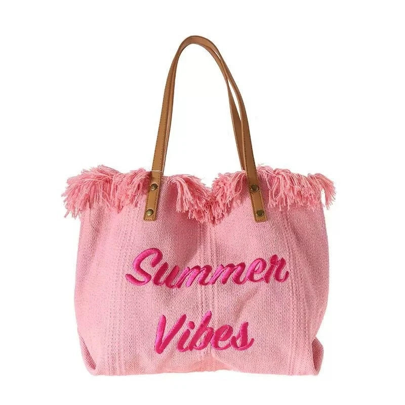 Handbag Woman Bag Summer Simple Niche Travel Beach Tote Bag Tassel Letter Embroidery Fashion Large Capacity Shoulder Bags 2025